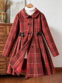 SHEIN Tween Girls' Back To School Autumn Vintage Red Plaid Overcoat With Bow Decor, Peter Pan Collar, Double-Breasted Daily Jacket - Red - View 1