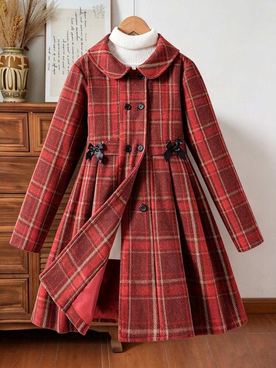 SHEIN Tween Girls' Back To School Autumn Vintage Red Plaid Overcoat With Bow Decor, Peter Pan Collar, Double-Breasted Daily Jacket - Red - View 1