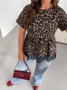 SHEIN Essnce Plus Size Women's Spring/Summer Fashion Casual Elegant Loose Comfortable Daily Versatile Slimming Leopard Print Lace Trim Hem Short Sleeve Babydoll Blouse - Multicolor - View 5