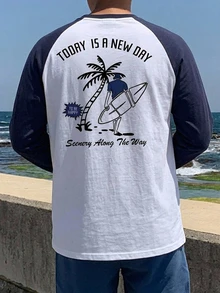 DAZY 春秋款長袖海灘衝浪圖案印花白色衣身配對比海軍藍插肩袖男士T恤 - 彩色 - 查看 5