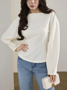 Heiryn Women's Elegant Commute Solid Color Waist-Cinching Blouse - White - View 3