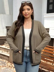 SHEIN LUNE Plus Size Fashion Minimalist Striped Colorblock Pocket Knit Cardigan - Khaki - View 11