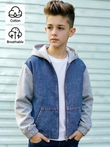 SHEIN Genkimix Kids Tween Boys' Spring,Autumn,Fall,And Winter Stylish & Comfortable Loose-Fit Color-Block Knit Zip-Up Cardigan / Loose-Fit Denim Jacket (100% Cotton) - Medium Wash - View 6