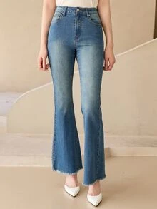 DAZY Celana Jeans Flare Kasual Wanita dengan Motif Washed untuk Musim Gugur - Biru - View 5