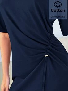 Lavishia Women's Elegant Slim-Fit Ruched Loose Comfortable Pure Cotton Top, Suitable For Casual And Vacation - Navy Blue - View 7