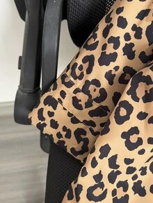 SHEIN 女童棕色豹紋連帽冬季外套，中長版保暖內裡夾克，粉色兔耳刺繡馬尾抽褶加厚外套 - 棕色 - 查看 8