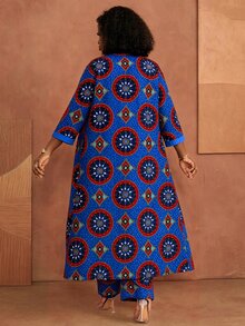 BrightlyHer Plus Size Floral Print Jacket And Loose Pants 2 Pieces Set Vacation Brunch Formal Vacation Blue And Yellow Autumn Boho Elegant Soft Form - Royal Blue - View 2