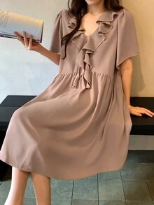 DAZY 女款甜美荷葉邊飾睡裙，夏季 - 藕粉色 - 查看 4