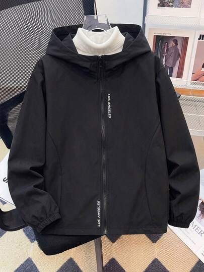 SHEIN 青少年男孩休閒字母圖案印花連帽夾克外套 寬鬆版型 拉鍊連帽外套