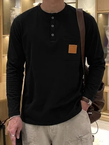 DAZY 春秋款長袖圓領半開襟按扣手機口袋長袖T恤 - 黑色 - 查看 4