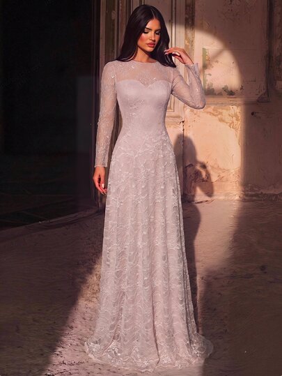 Aureia Elegant Lotus Pink Lace Patchwork Ruched Long Sleeve Bell Sleeve Slimming Concealing Side Boob Fitted A-Line Tail Dress Suitable For Evening Party, Ball, Birthday Party, Award Ceremony, Formal Ladies Dinner Gown (Heavy Work Dress)