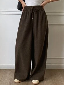 DAZY Solid Color Loose Drawstring Elastic Waist Curved Leg Pants Casual Streetwear Korean Style Thickened Long Pants For Women Autumn/Winter Vacation - Brown - View 1