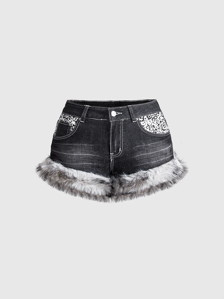 ROMWE Vintage Y2K Leopard Print Fuzzy Patchwork Ultra Low Waist Mini Denim Shorts For Women, Autumn/Winter - Grey - View 1