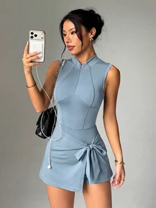 SHEIN Dewbera Women's Solid Color Casual Daily Wear Sports Dress - Blue - View 4