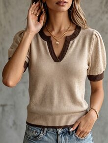 SHEIN 休閒寬鬆V領短袖針織上衣，對比滾邊設計，卡其色，女款春/夏 - 卡其色 - 查看 6