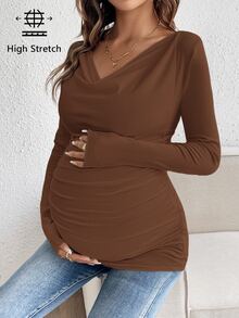 SHEIN Maternity Solid Color Ruched Casual Versatile Daily Long Sleeve T-Shirt - Coffee Brown - View 3