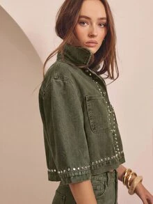 Aralina Women's Studded Cropped Denim Top - Army Green - View 7