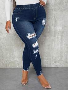 Slaydiva Plus Size Casual Washed Distressed Slim Fit Jeans - Dark Wash - View 6