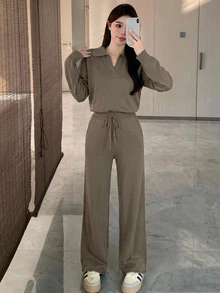 Livesso Petite Setelan Sweater Lengan Panjang Berkerah Warna Polos dan Celana Rajut dengan Ikat Pinggang untuk Wanita - Coklat - View 6