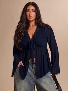 SHEIN BAE CURVE 大尺碼女款梅紫色喇叭袖網紗T恤，優雅上衣 - 藏蓝色 - 查看 1