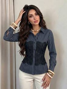 Modelyn Designer Striped Lace Patchwork Shirt Collar Long Sleeve Slim Fit Youthful Women's Fashion Versatile Elegant Blouse - Royal Blue - View 8