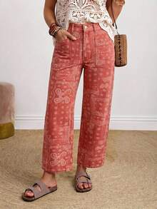 SHEIN PETITE CURVE Celana Jeans Denim Motif Seluruh Permukaan untuk Liburan Ukuran Plus - Aprikot - View 1