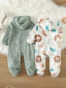 2件組嬰兒男童女童秋冬款可愛卡通圖案連帽包屁衣家居服，連腳包屁衣家居服，嬰兒家居服 - 彩色 - 查看 2