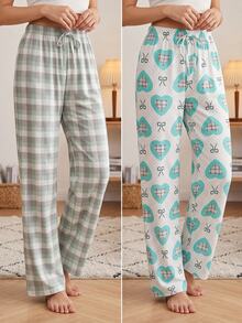 SHEIN Women Cotton 2 Pcs Fake Drawstring Solid Color Sleep Pants Home Wear Comfort Set - Multicolor - View 3
