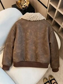 SHEIN Elladie kids Tween女孩黑色拉鍊翻領羅紋袖口街頭風酷感百搭機車PU皮革寬鬆夾克 秋冬穿搭 - 棕色 - 查看 2