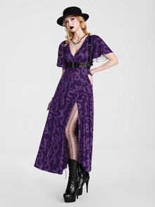 Breakform Blakeform Women's Gothic Style Summer Deep V-Neck Fitted Short Sleeve Black Snake Print Wrap Tie Long Slit Dress - Multicolor - View 1