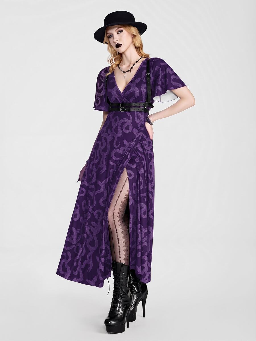 Breakform Blakeform Women's Gothic Style Summer Deep V-Neck Fitted Short Sleeve Black Snake Print Wrap Tie Long Slit Dress - Multicolor - View 1