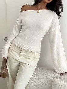Aloruh 女款休閒優雅秋季新款針織不對稱肩喇叭袖長袖上寬下窄花卉針織衫 早午餐穿搭 米白色 - 白色 - 查看 6