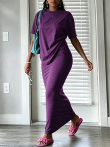 INAWLY Solva Women's Solid Color Short Sleeve Top And Skirt Casual Daily 2 Pieces Set - Purple - View 5