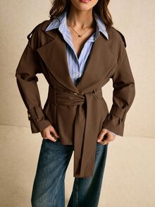Poéselle Jaket Lengan Panjang Wanita Warna Polos Kasual Serbaguna untuk Sehari-hari - Coffee Brown - View 4