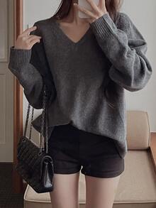 DAZY Women's Solid Color Loose V-Neck Long Sleeve Casual Vacation Autumn/Winter Knit Sweater - Grey - View 2