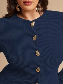 SHEIN BAE 大尺碼女款優雅前扣上衣，秋季 - 藏蓝色 - 查看 3