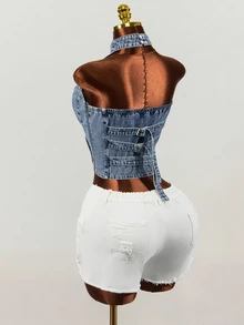 SHEIN Atasan Denim Wanita Model Halter Neck dengan Desain Gesper yang Dapat Diatur - Biru - View 2