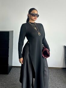 POPSWAY Plus Size Fashion Minimalist Round Neck Long Split Hem T-Shirt - Black - View 3
