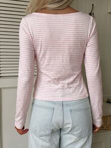 CovetEZ Women's Lace Striped Long Sleeve Casual T-Shirt - Pink - View 5