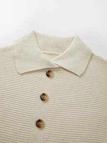 SHEIN Polo Collar Ribbed Knit Mini Dress Puff Long Sleeve Half Button Bodycon Sweater Dress - Beige - View 5
