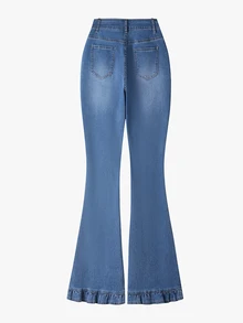 SHEIN PETITE CURVE بنطلون جينز مقاس كبير بأزرار وجيوب وحافة مكشكشة - الأزرق - مشاهدة 2