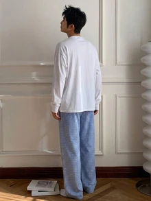 DAZY 春秋長袖T恤與長褲套裝，復古格紋鬆緊腰長褲，男士居家休閒服飾 - 彩色 - 查看 2