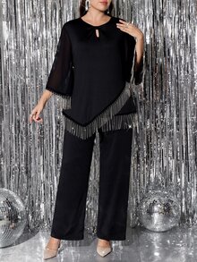 Reflora Plus Size Women Tassel Design Top And Long Pants Casual Daily 2 Pieces Set - Black - View 4