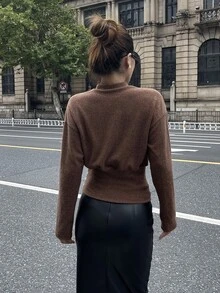 DAZY Fall/ Brown Button Contrast Patchwork Brunch Stand Collar Elegant Office Work Casual Waist-Cinching Long Sleeve Women's T-Shirt - Brown - View 4