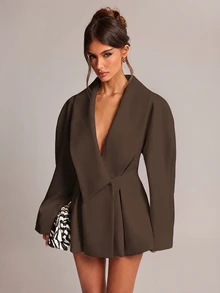 SHEIN BAE 女款素色休閒百搭通勤旅行西裝外套 - 咖啡棕 - 查看 5