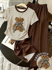 Resyla 女款夏季出遊套裝，收腰T恤與長褲套裝，復古刺繡熊短袖套裝，條紋印花，穿著舒適，優雅風格，返校季，休閒日常穿著，度假旅行，購物與戶外 - 彩色 - 查看 1