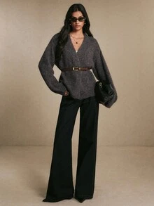 Poéselle Women's Charcoal Gray Fuzzy Wrap Cardigan – Soft V-Neck Open-Front Long-Sleeve Sweater With Relaxed Oversized Fit Brown Sweater Fall Winter Sweater - Brown - View 7