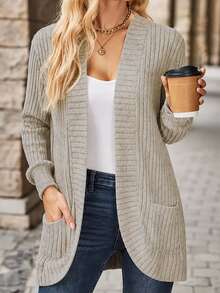 EMERY ROSE Women's Casual Ribbed Brushed Open Front Side Pocket Short Jacket - Khaki - View 3