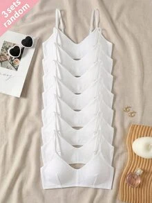 SHEIN 兒童青少年女孩白色5件式多件套裝，簡約V領細肩帶背心、墊肩內衣與賽車背心內褲套組，舒適素色，春夏居家，Clean Girl/美式風格，適合年輕女孩 - 彩色 - 查看 7