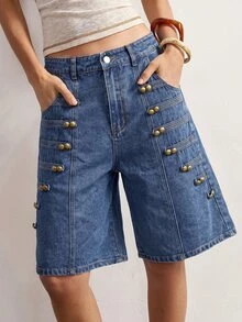 Bohemela Women's Napoleonic Military-Inspired Denim Shorts For Fall, Featuring A Vintage Wash And A Blend Of '70s, '90s, And Y2K Streetwear Styles / Blue - Blue - View 5